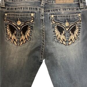MISS ME Angel Wings Jeans. Boot cut, flared leg, EUC.